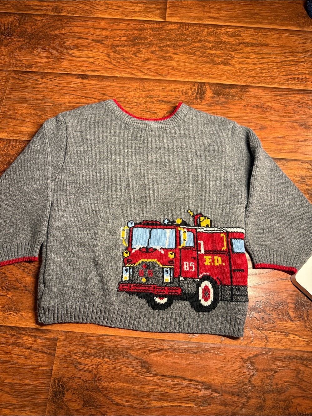 Gray Kids Sweater with Red Fire Truck Design. 4T never warn, washed